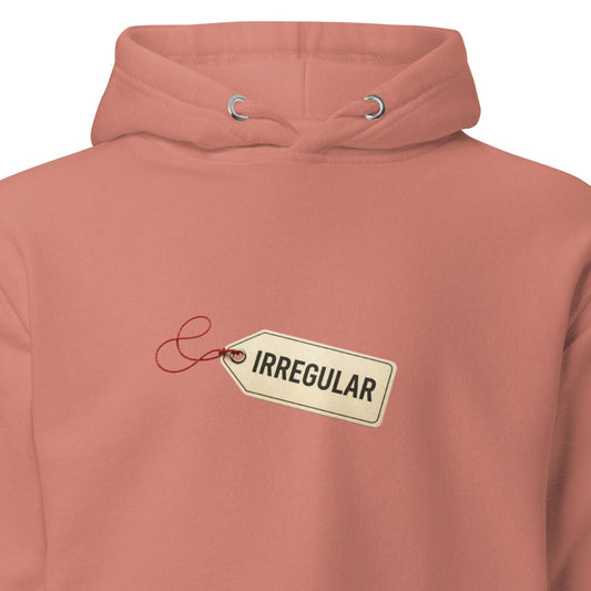 Unisex dusty rose hoodie with irregular design, front view, casual pullover style, by wayward.biz.