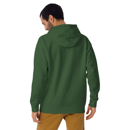 Forest green unisex hoodie from Wayward.biz with a flat moon society design on the back, made of premium pullover material.