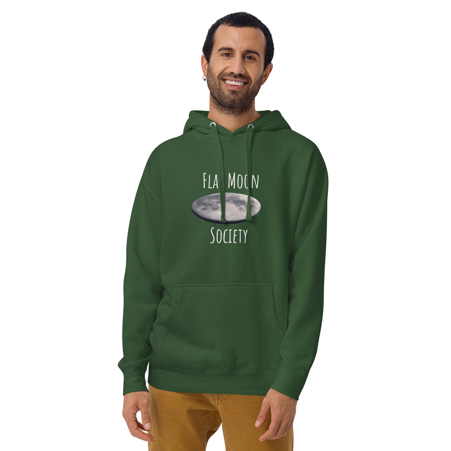 Forest green unisex hoodie from Wayward.biz featuring a flat moon society design on the front.