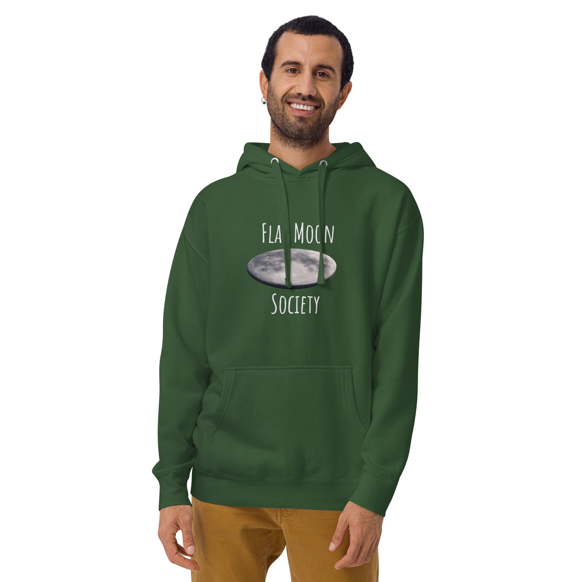 Forest green unisex hoodie from Wayward.biz featuring a flat moon society design on the front.