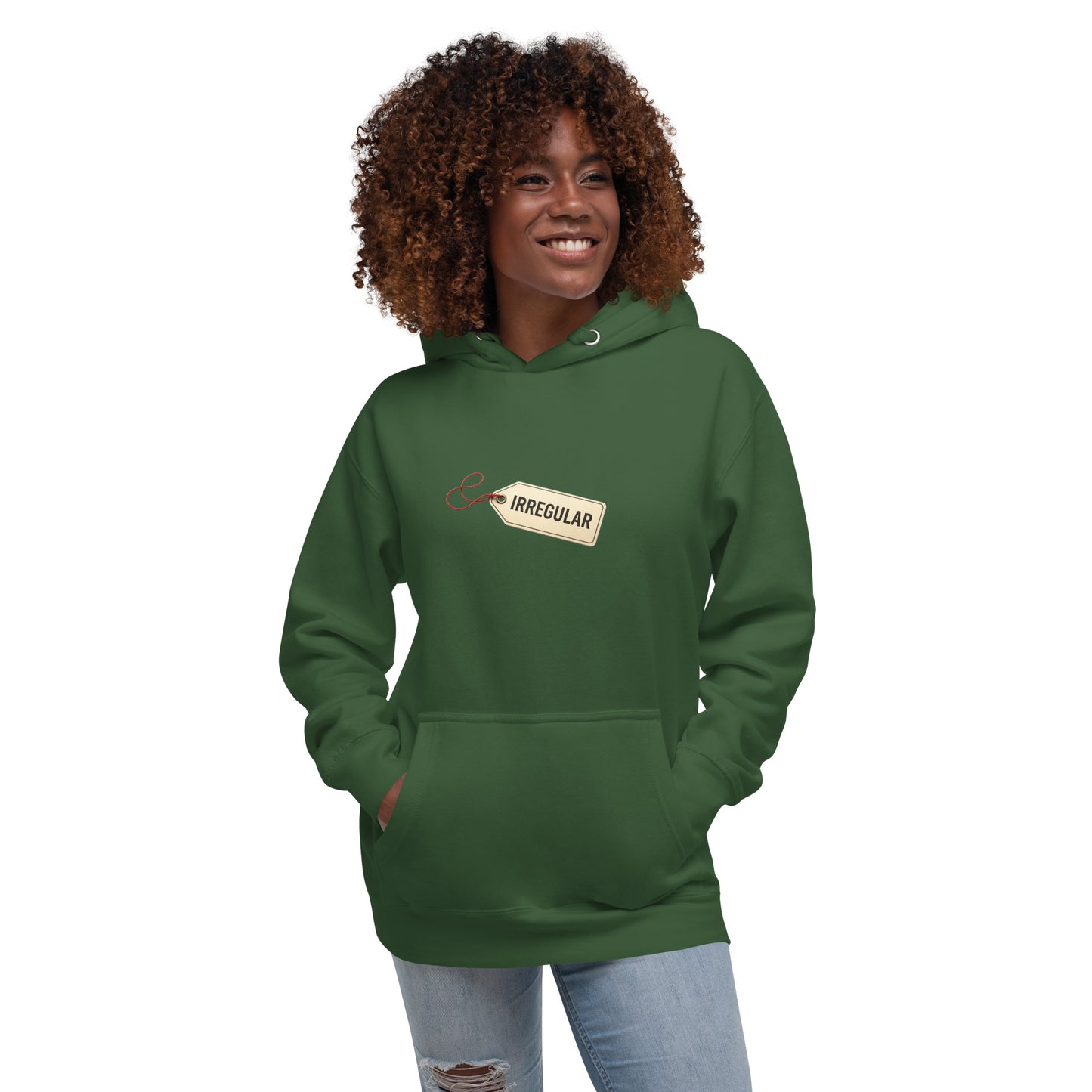 Forest green unisex hoodie with irregular design, made by wayward.biz, shown as a comfortable pullover T-shirt style.