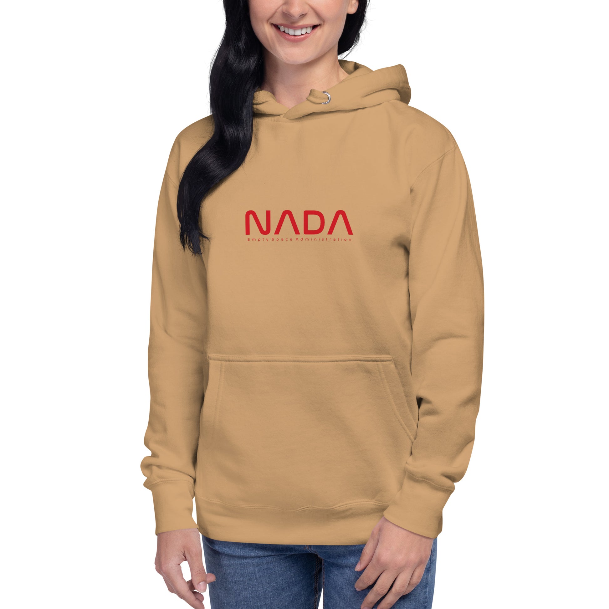 Unisex NADA hoodie by wayward.biz in khaki color, front view of a premium pullover hoodie with a comfortable fit.