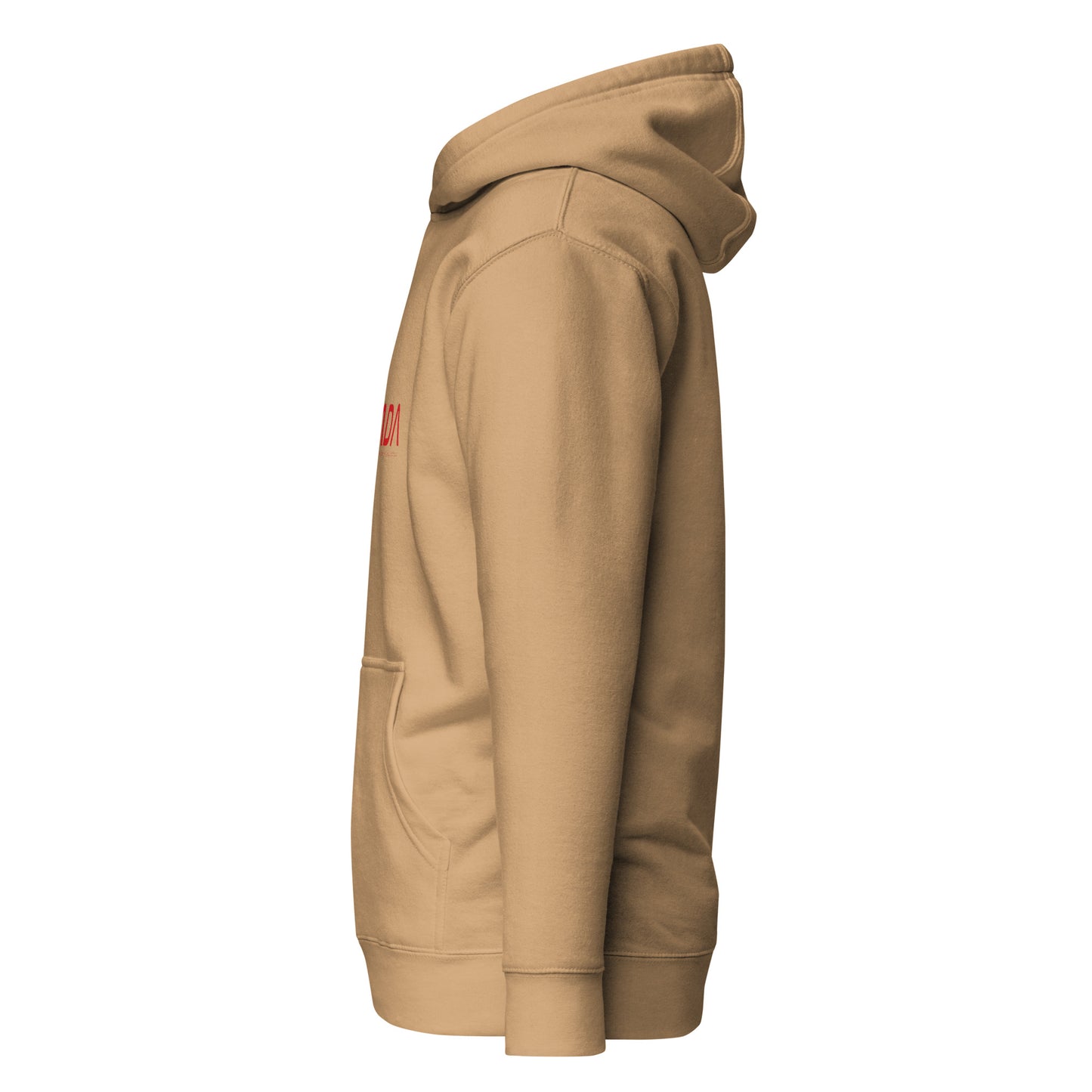 Unisex khaki pullover hoodie by wayward.biz with a relaxed fit, shown from the left side view.