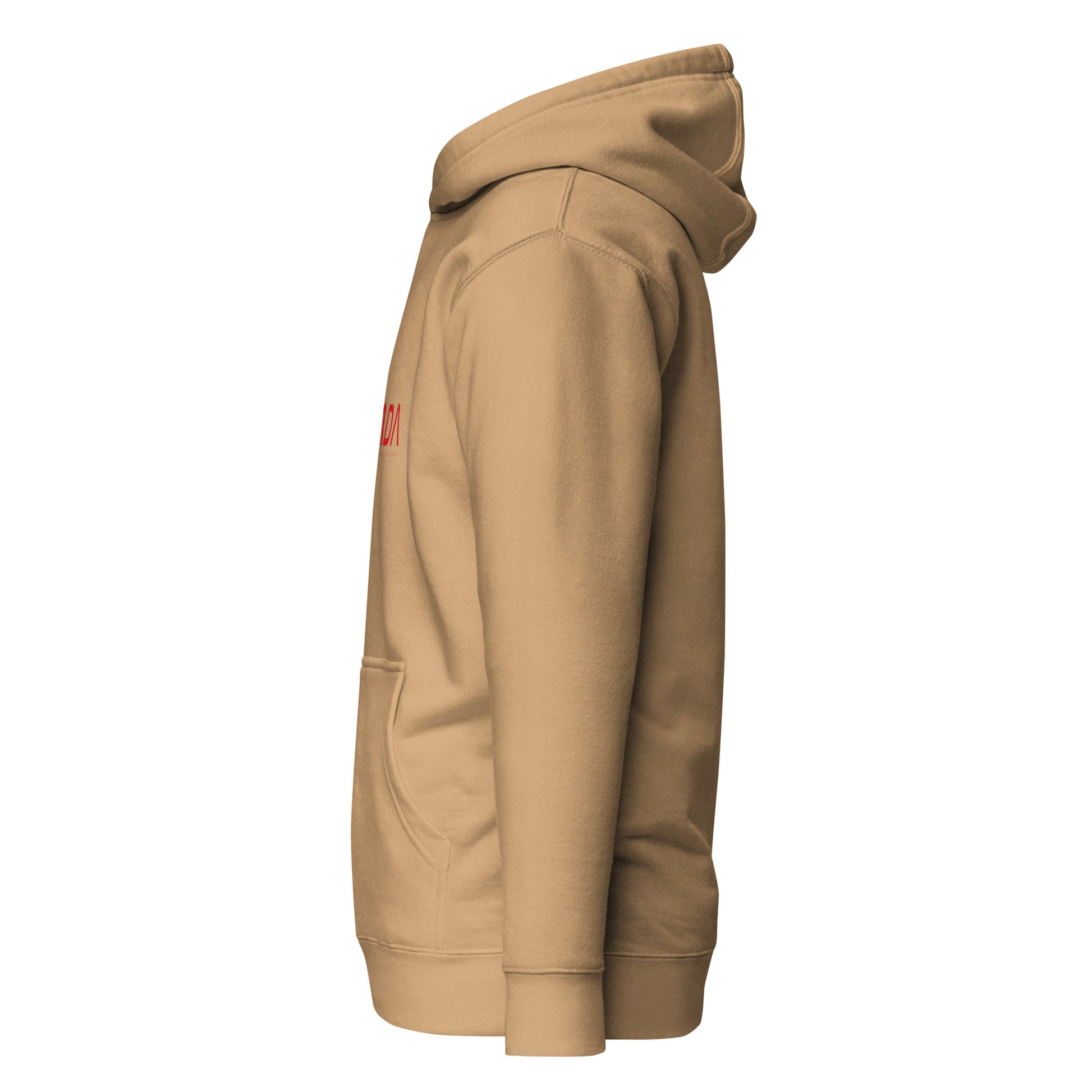 Unisex khaki pullover hoodie by wayward.biz with a relaxed fit, shown from the left side view.