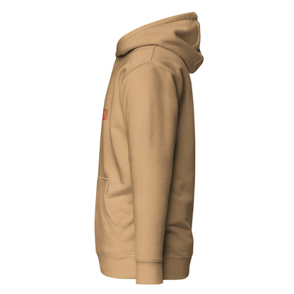 Unisex khaki pullover hoodie by wayward.biz with a relaxed fit, shown from the left side view.