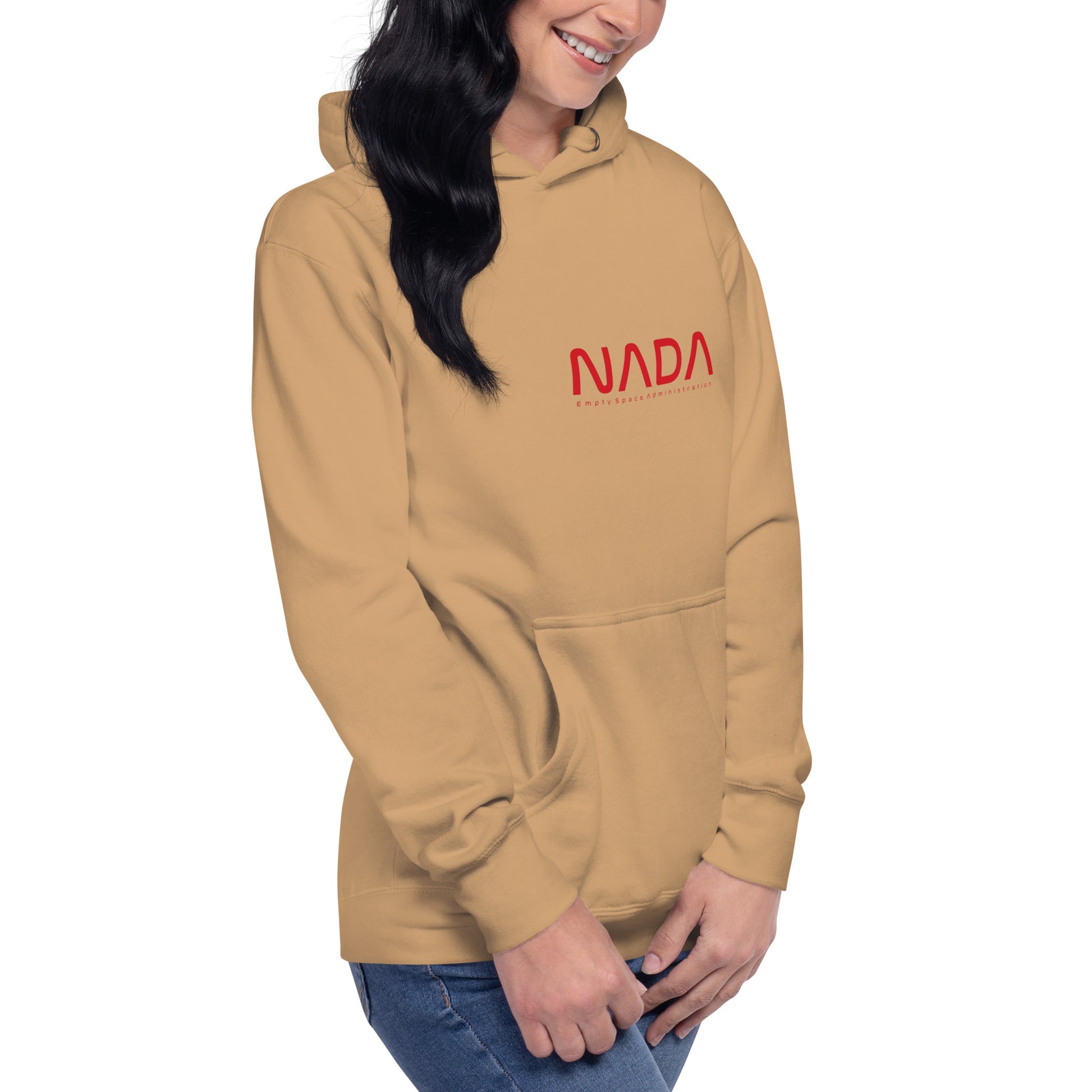 Unisex khaki hoodie from NADA by wayward.biz, showing the right front view of the premium pullover hoodie.