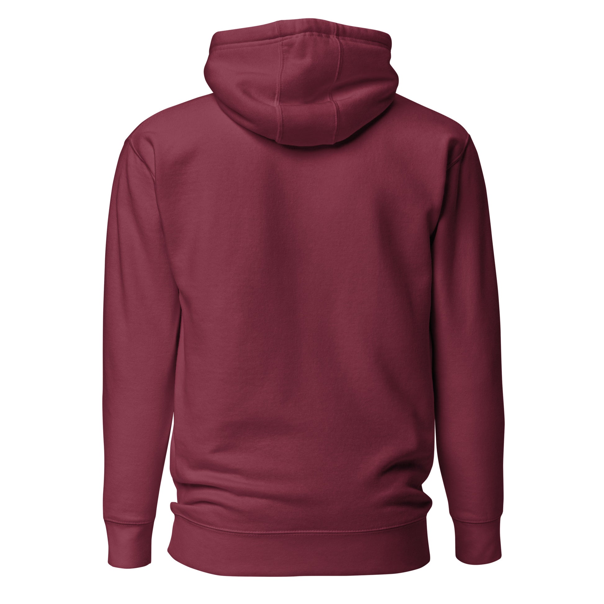 Maroon unisex premium hoodie featuring a flat moon design on the back, from Wayward.biz.