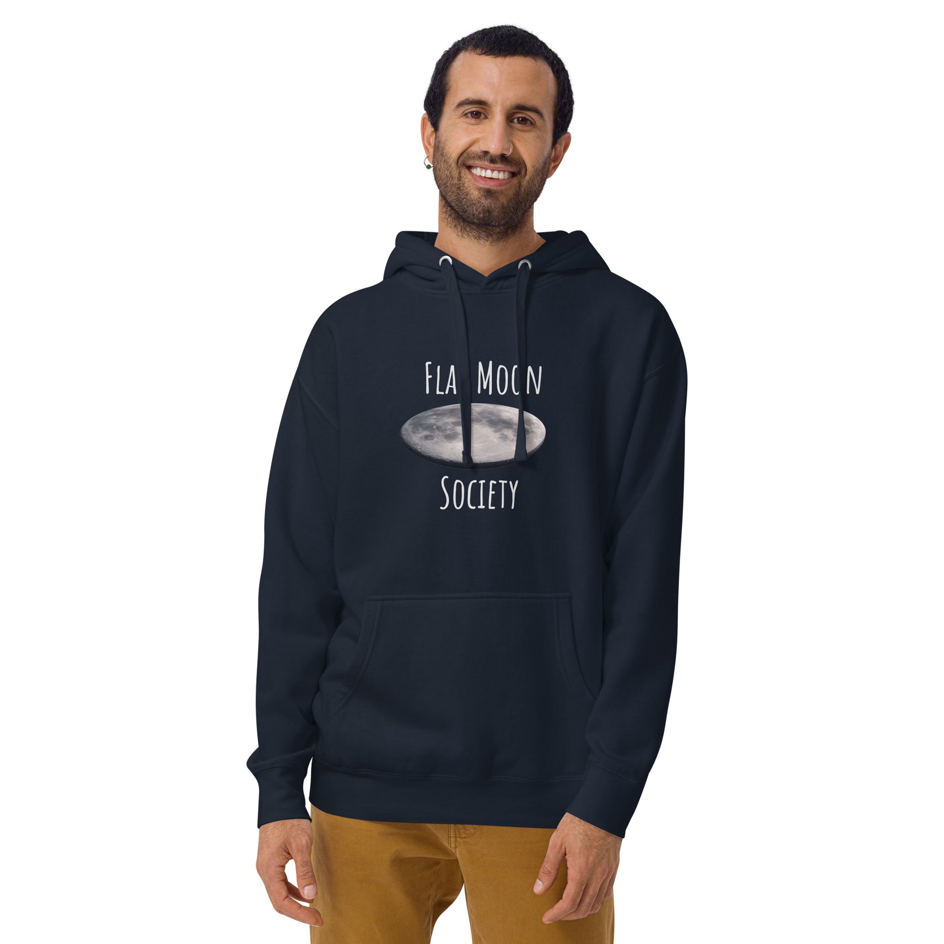 Unisex navy blazer hoodie with flat moon society logo on front, casual pullover hoodie by wayward.biz.