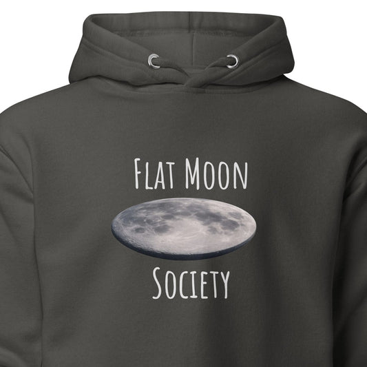 Unisex Flat Moon Society hoodie in vintage black with front design, premium pullover style, by wayward.biz.