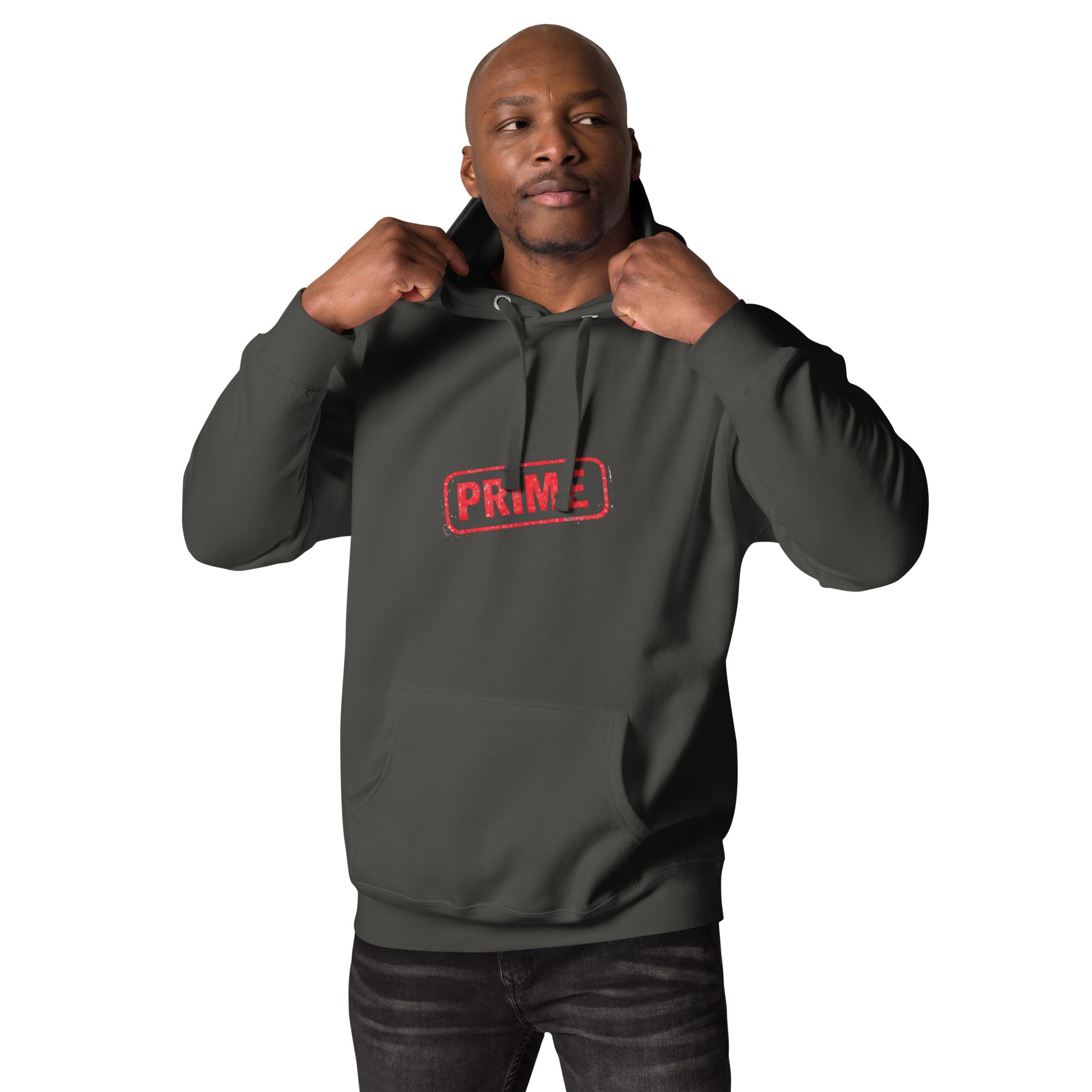 Unisex PRIME hoodie by wayward.biz in vintage black, showing the front view of a comfortable pullover hoodie with minimal design.