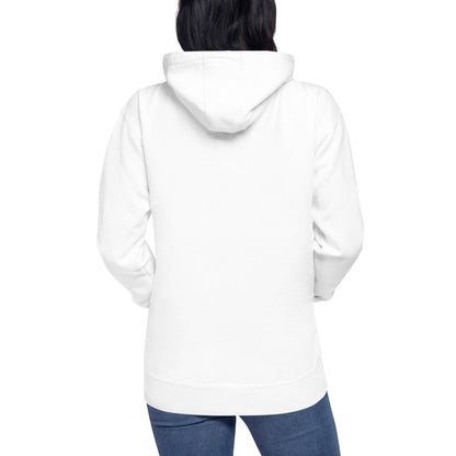 White NADA unisex hoodie with a relaxed fit, front pocket, and hood, perfect for casual wear and comfortable style.