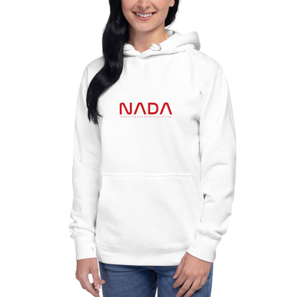 White NADA unisex hoodie, premium pullover style with a front view, showcasing comfortable casual wear from wayward.biz.