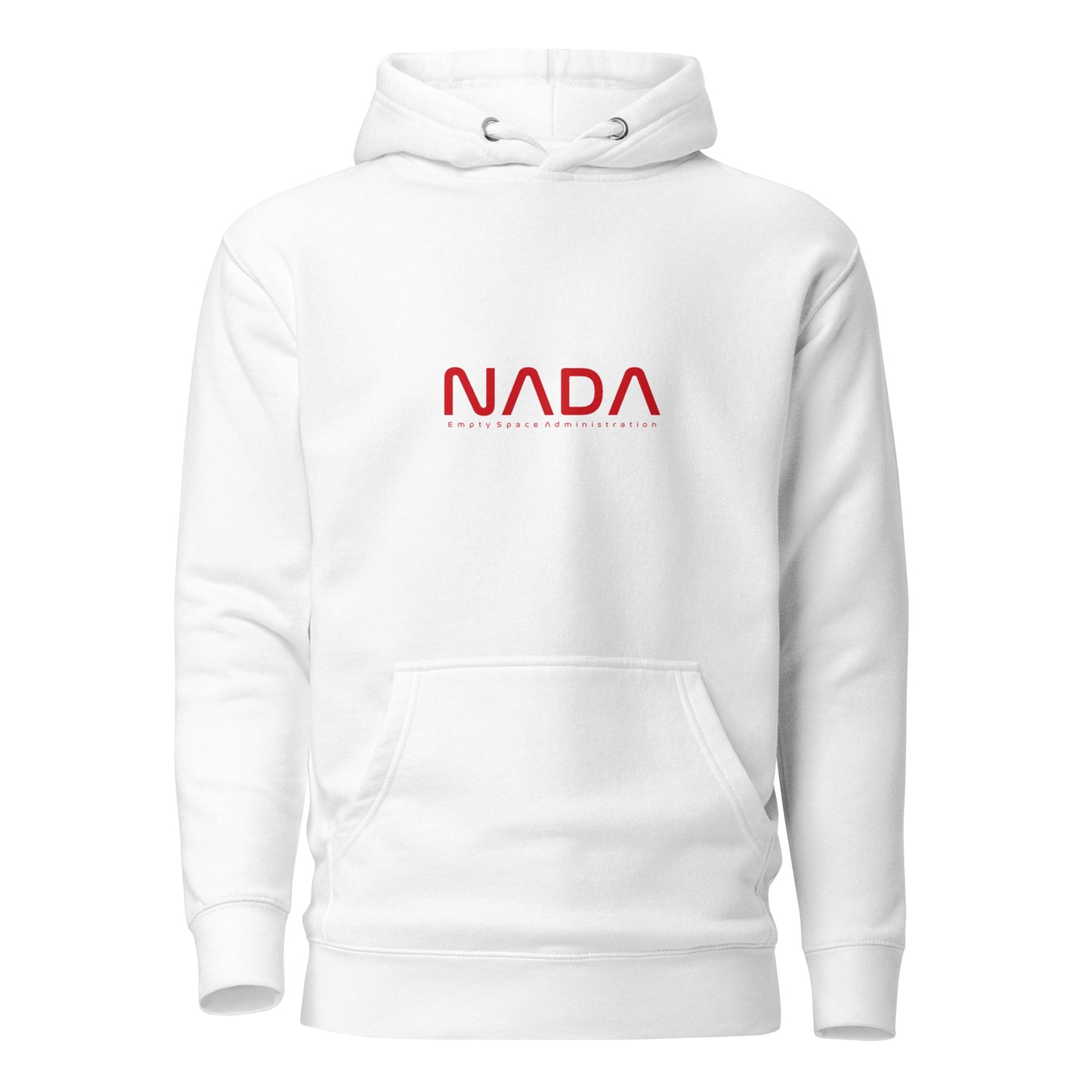 White NADA Unisex Hoodie by wayward.biz, front view showing soft fabric and classic pullover design.