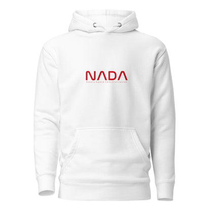 White NADA Unisex Hoodie by wayward.biz, front view showing soft fabric and classic pullover design.