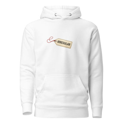 White unisex hoodie from wayward.biz with irregular design, featuring a relaxed fit and front view.