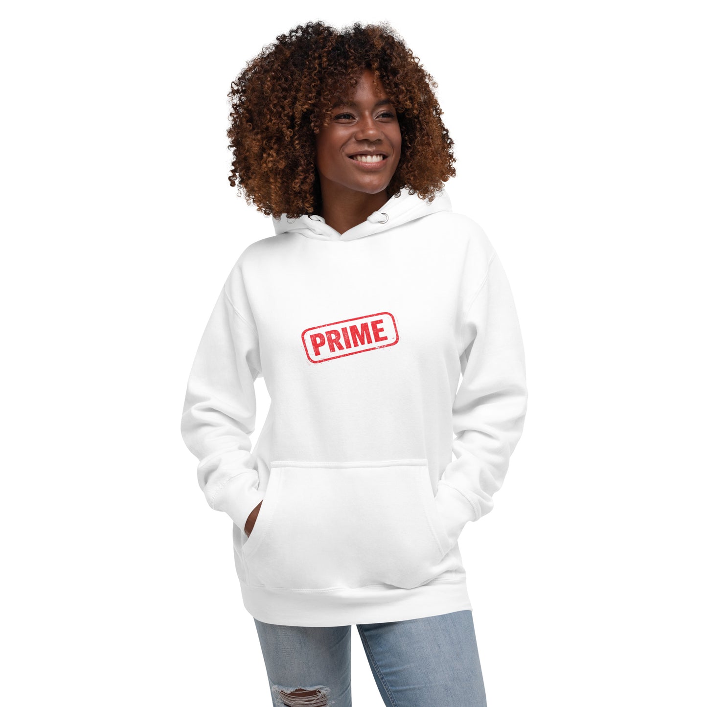 White PRIME unisex hoodie by wayward.biz, featuring a comfortable pullover design with a front view.