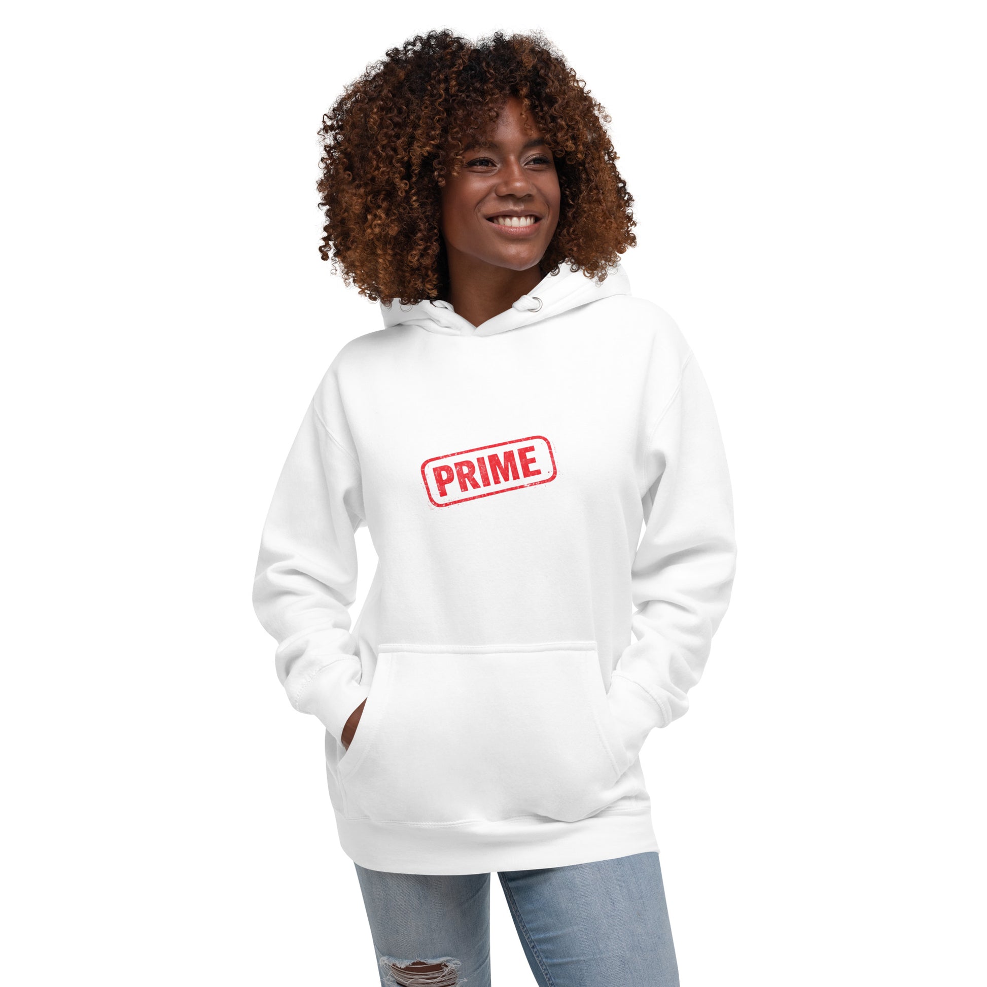 White PRIME unisex hoodie by wayward.biz, featuring a comfortable pullover design with a front view.