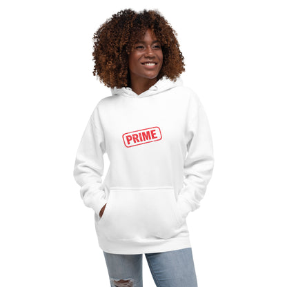 White PRIME unisex hoodie by wayward.biz, featuring a comfortable pullover design with a front view.