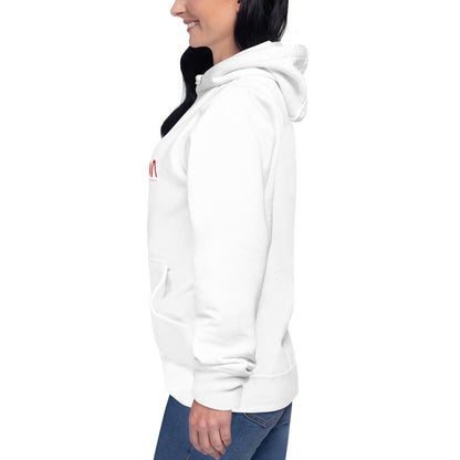 White NADA unisex hoodie by wayward.biz, premium pullover design, shown from the left side.