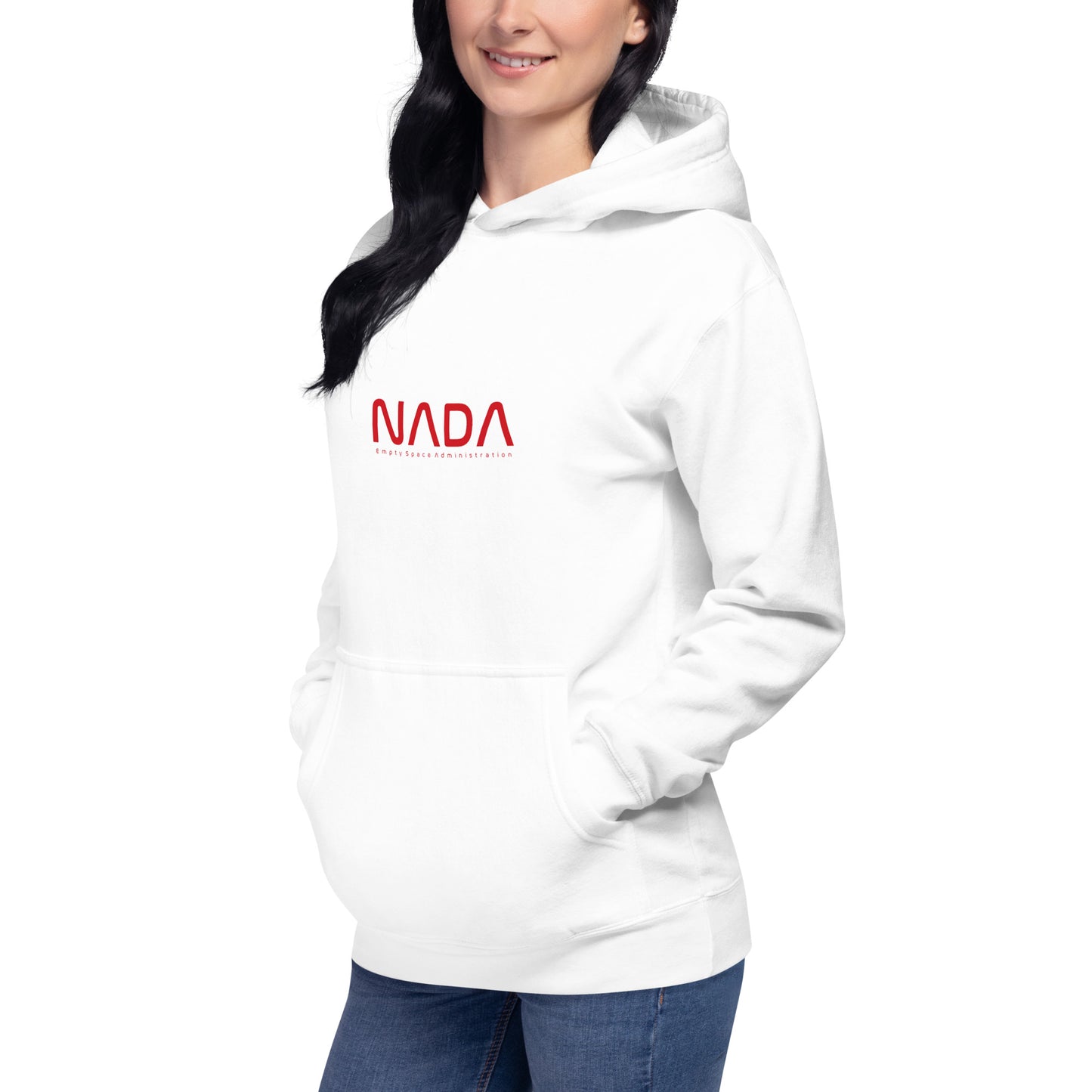 White unisex hoodie from NADA by wayward.biz, featuring a comfortable pullover design and a fitted front view.