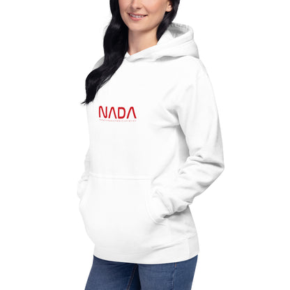 White unisex hoodie from NADA by wayward.biz, featuring a comfortable pullover design and a fitted front view.
