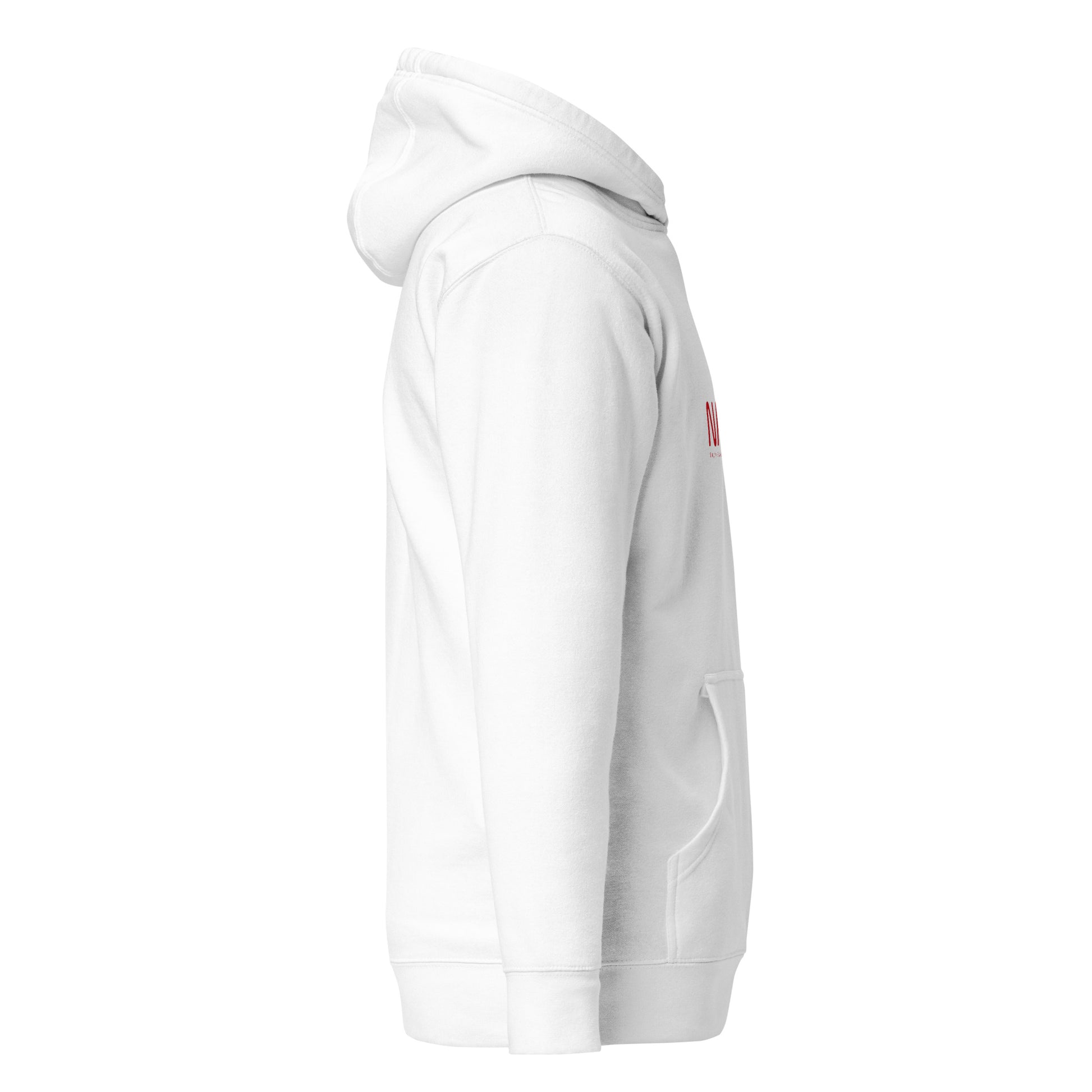 White NADA unisex hoodie by wayward.biz, premium pullover style, shown from the right side with a soft, cozy fabric appearance.