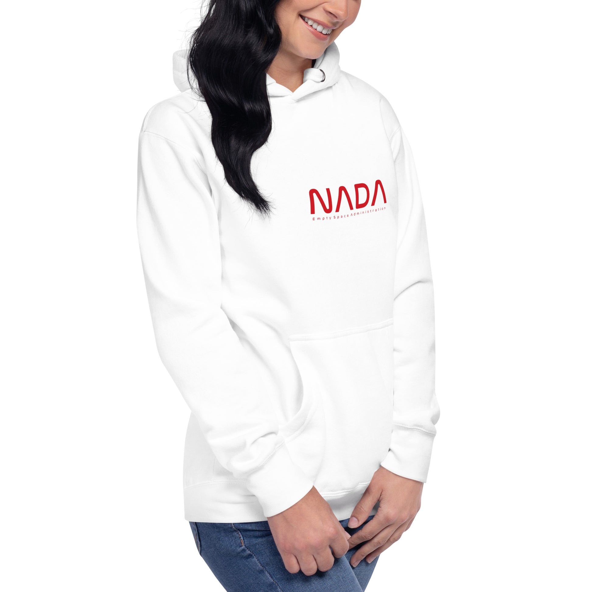 White NADA unisex hoodie with a front pocket and hood, made by wayward.biz, shown from the right front angle.
