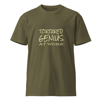 Unisex premium T-shirt featuring "Tortured Genius at Work" graphic in army print, from wayward.biz.