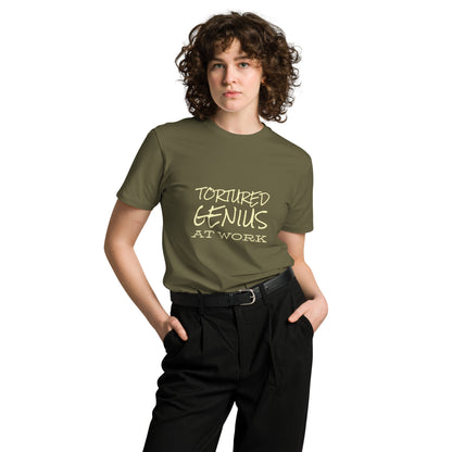 Unisex premium T-shirt featuring a tortured genius at work graphic on the front, in a casual army green style.