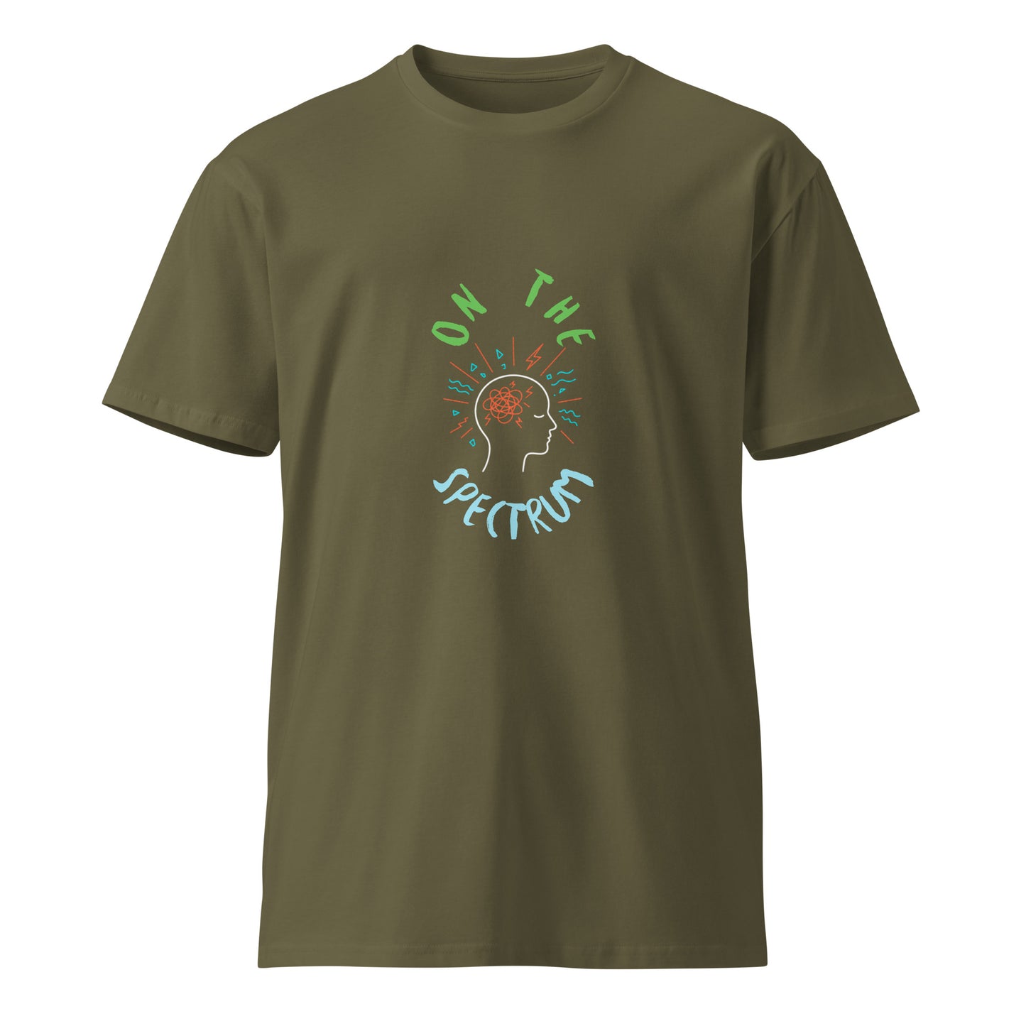 Unisex dark premium T-shirt from On the Spectrum by wayward.biz, front view showing the fit and fabric texture.