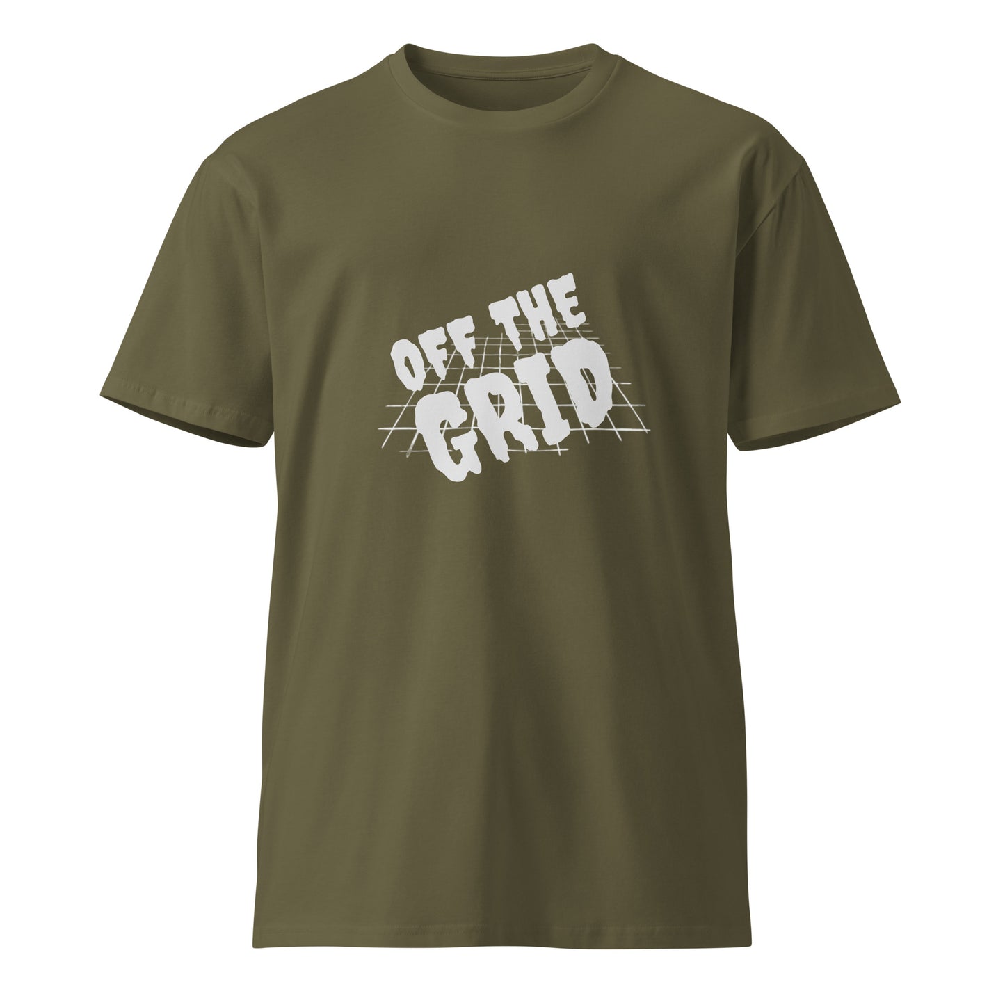 Unisex army green premium t-shirt by Wayward.biz, front view showing soft fabric and classic fit.