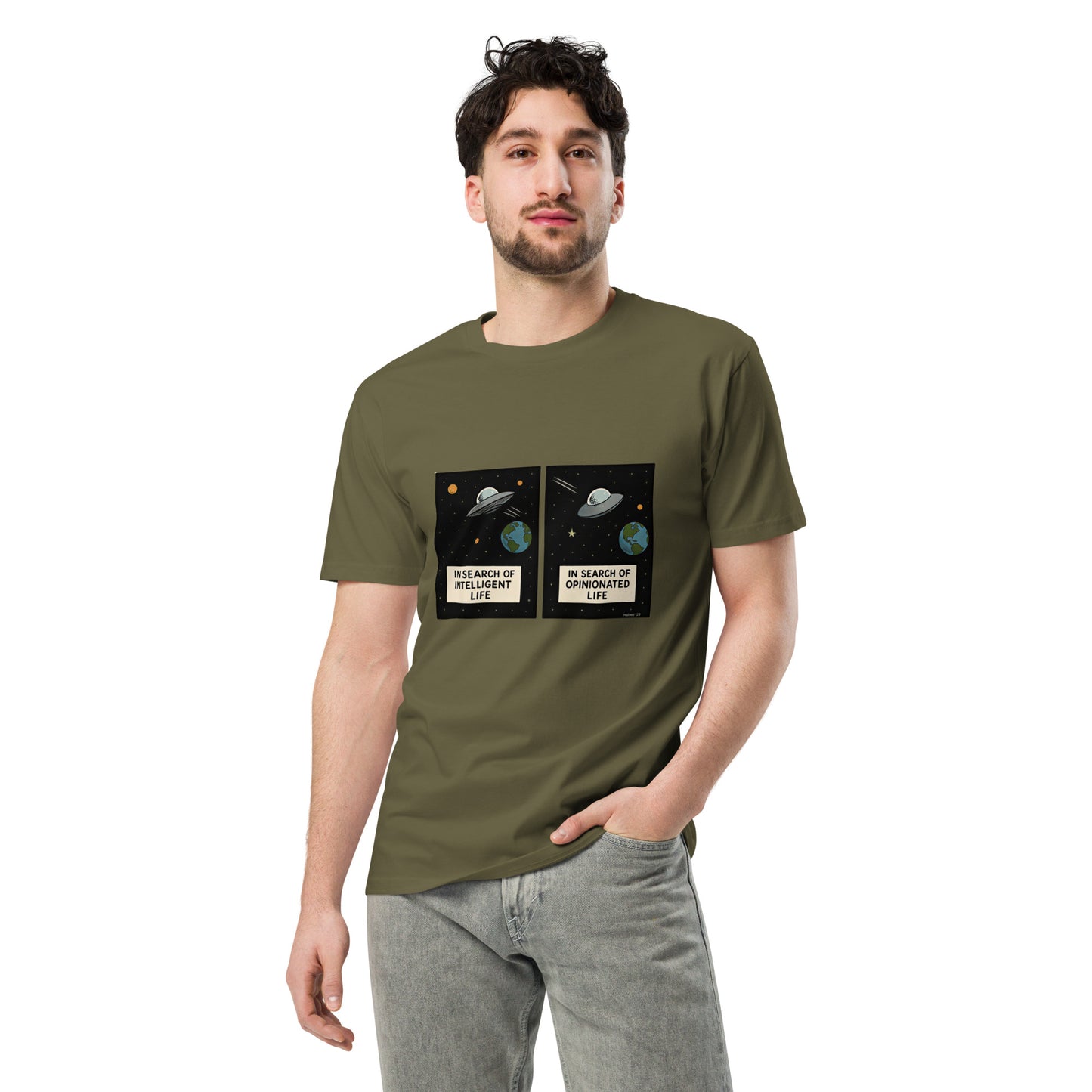 Unisex premium T-shirt from wayward.biz featuring a bold "In Search of Intelligent / Opinionated Life" design on the front.