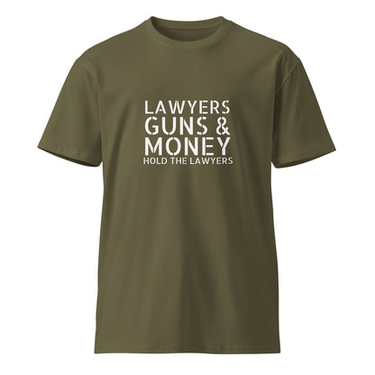 Unisex premium T-shirt featuring a "Lawyers Guns & Money" design on the front, in a military green color.