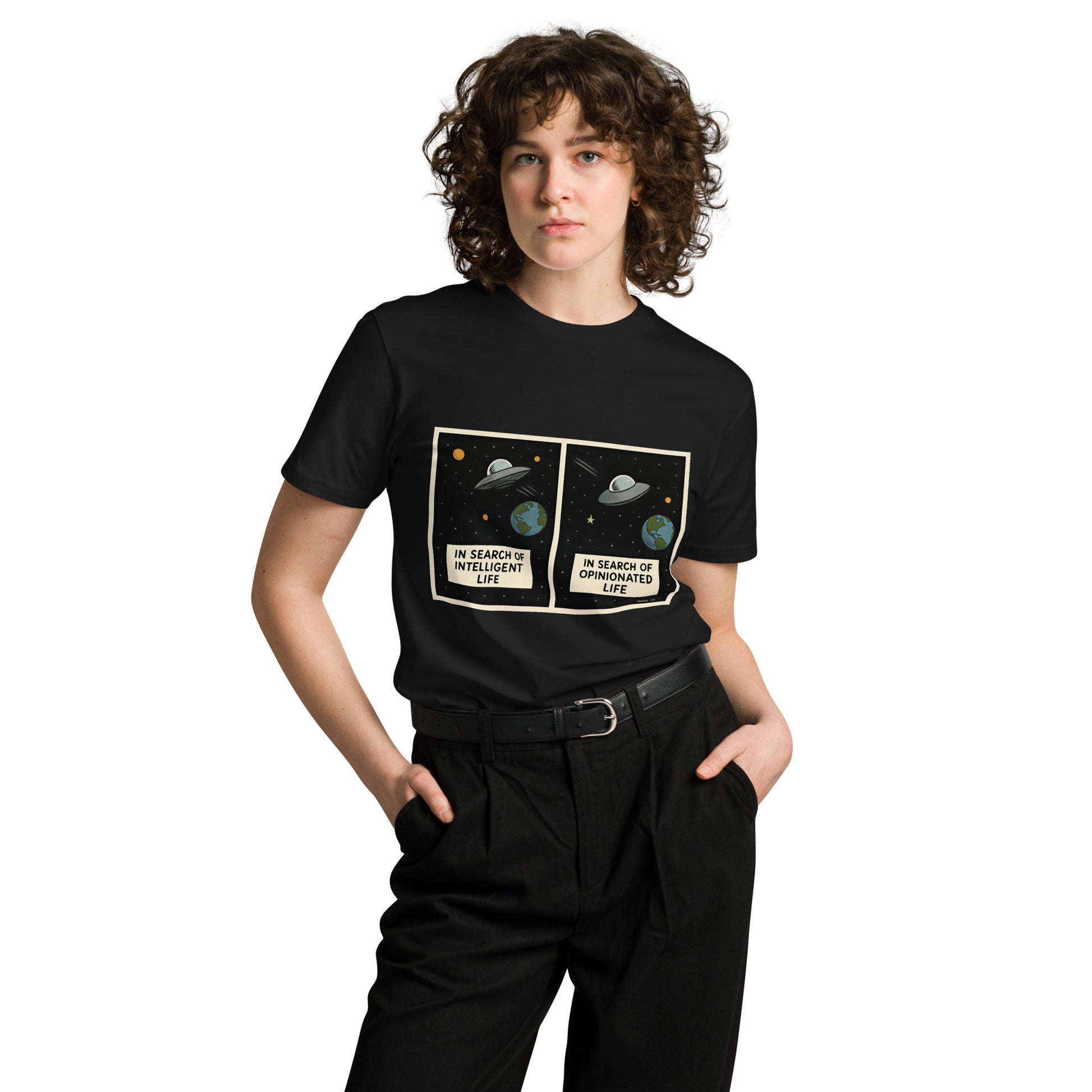 Black unisex premium t-shirt by wayward.biz featuring the "In Search of Intelligent Opinionated Life" design on front.