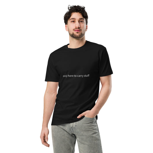 Unisex black premium T-shirt from wayward.biz featuring a simple design, ideal for casual wear and carrying essentials.