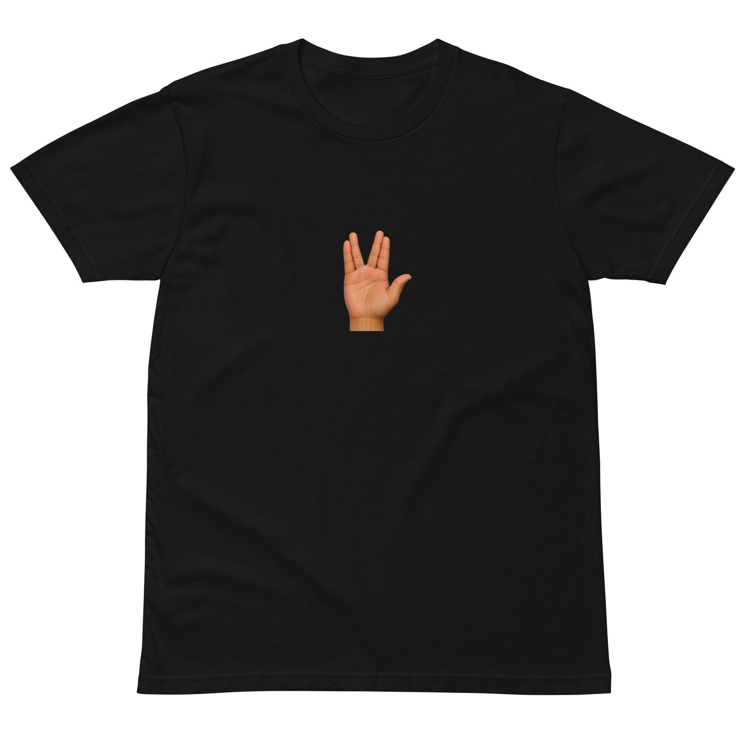 Black unisex premium T-shirt featuring a "Live Long and Prosper" design from wayward.biz, front view.