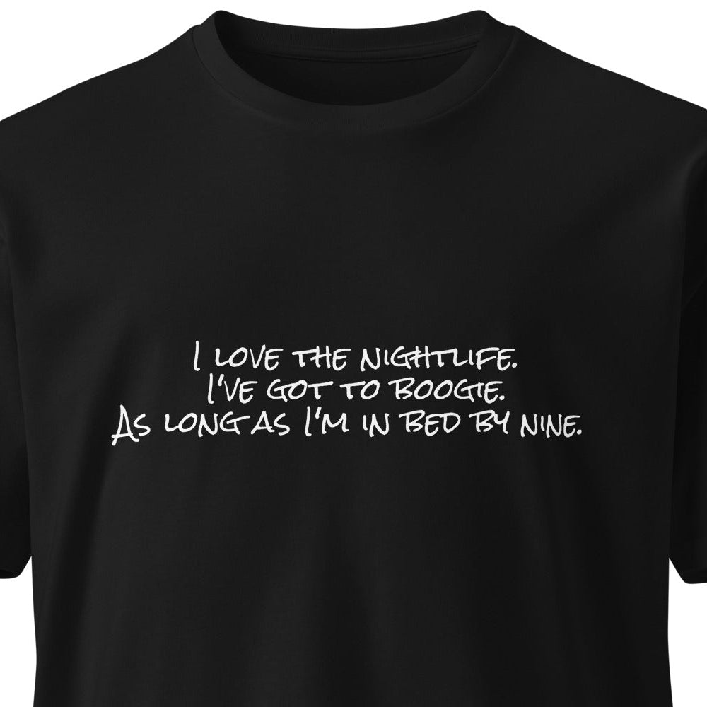 Unisex black premium T-shirt from wayward.biz with "I Love the Nightlife" graphic on the front, casual and stylish.