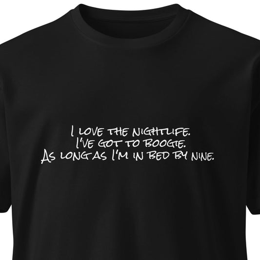 Unisex black premium T-shirt from wayward.biz with "I Love the Nightlife" graphic on the front, casual and stylish.