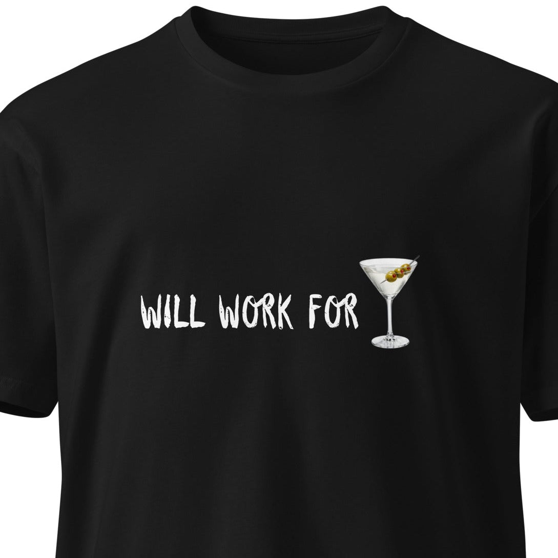 Unisex black premium T-shirt for martini lovers with a stylish front design, by Wayward.biz.