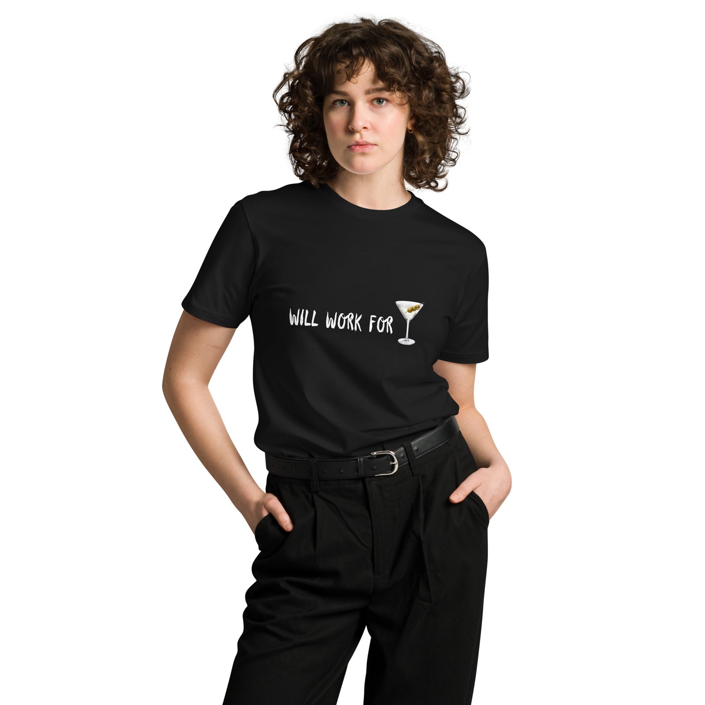 Unisex black premium T-shirt featuring a minimalist martini design on the front, by Wayward.biz.