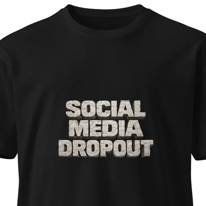 Unisex black premium T-shirt from wayward.biz with social media dropout graphic on the front.