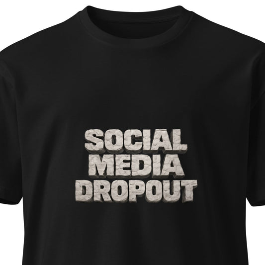 Unisex black premium T-shirt from wayward.biz with social media dropout graphic on the front.