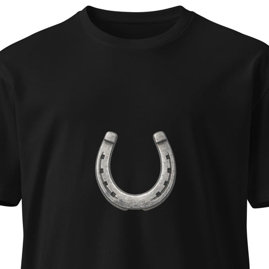 Unisex black premium T-shirt featuring a horseshoe design on the front, by wayward.biz.