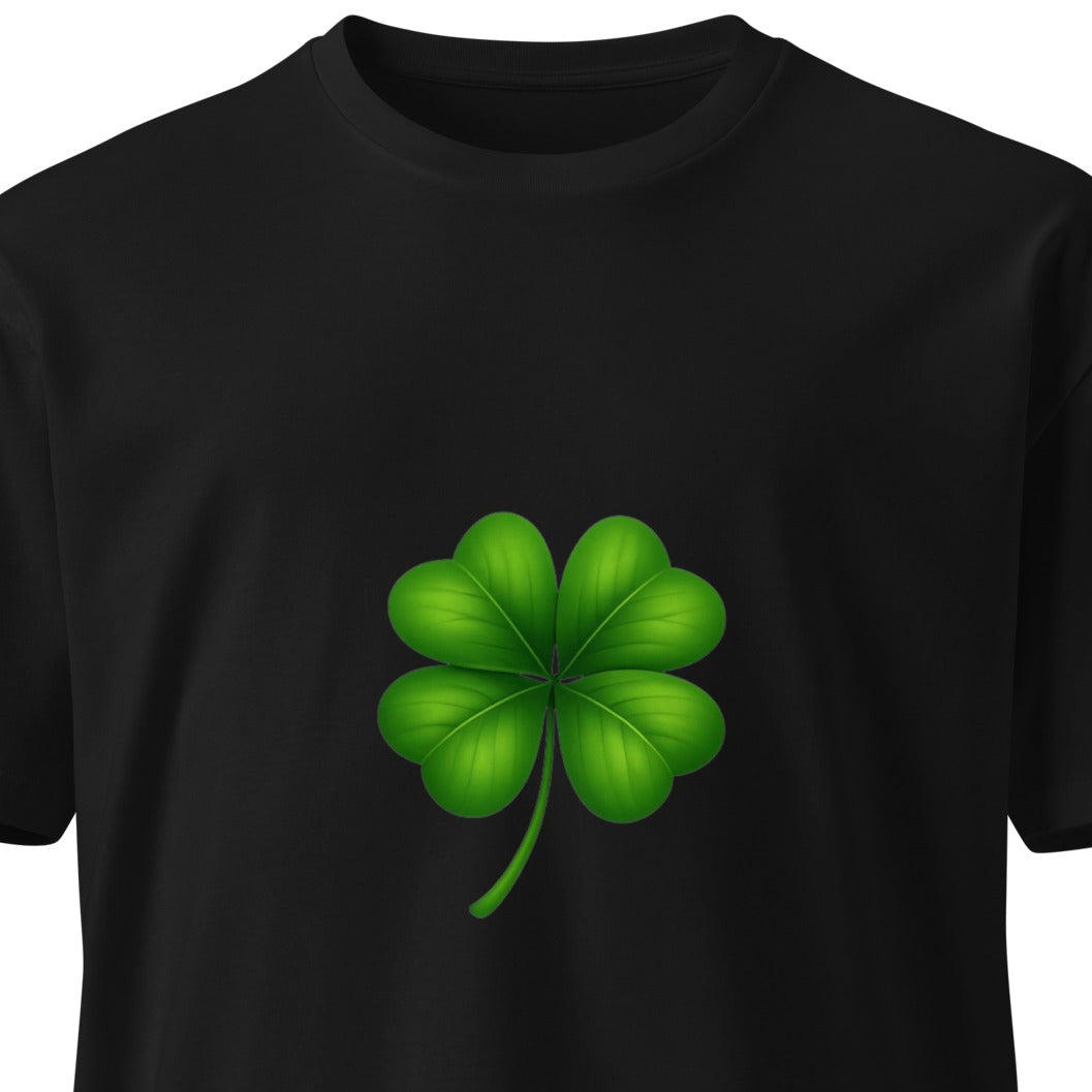Black unisex premium T-shirt featuring a 4-leaf clover design, made by Wayward.biz, shown from the front.