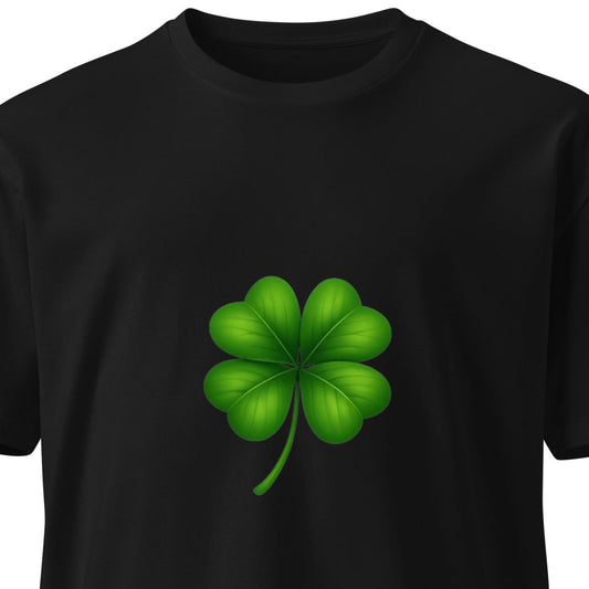 Black unisex premium T-shirt featuring a 4-leaf clover design, made by Wayward.biz, shown from the front.