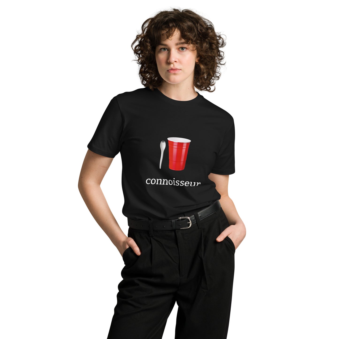 Wayward.biz Connoisseur unisex premium dark T-shirt, front view showing soft black fabric and classic fit.