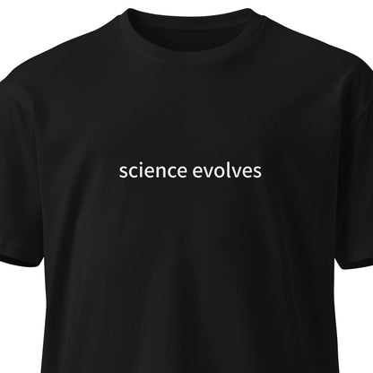 Black unisex premium T-shirt featuring a science-inspired design, from Wayward.biz, shown from the front.