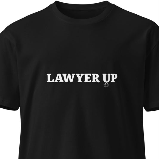 Unisex black Lawyer Up premium T-shirt by wayward.biz, front view showing the dark fabric and classic fit design
