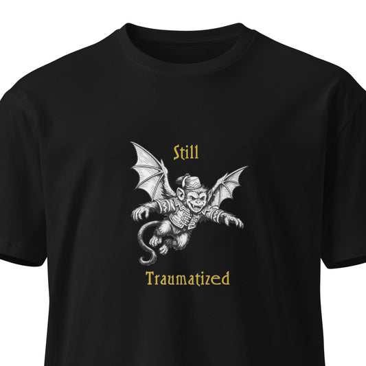 Unisex black premium T-shirt featuring the "Still Traumatized by Flying Monkeys" design on the front, by wayward.biz.