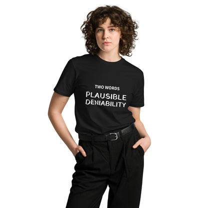 Black unisex premium T-shirt from Two Words - Plausible Deniability collection, featuring a front design, by wayward.biz.